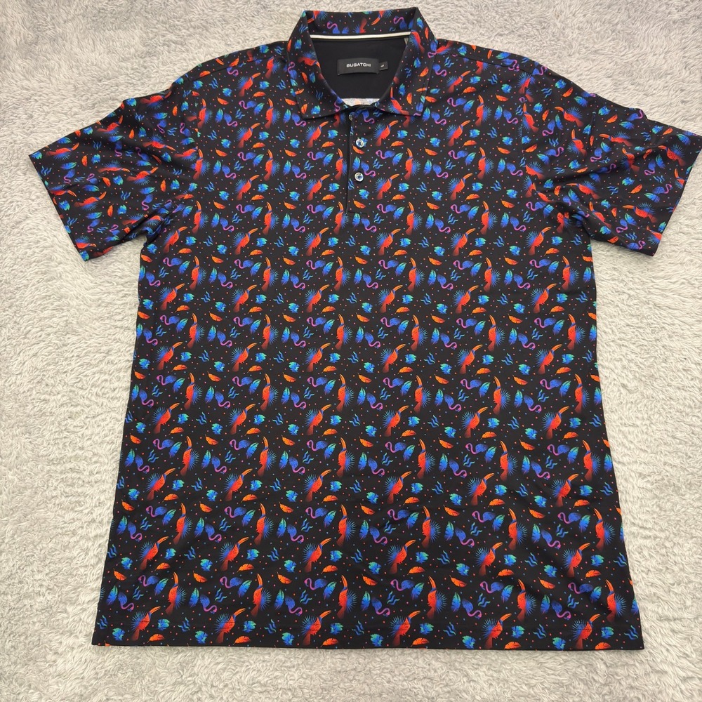 Bugatchi‎ Mens Black Performance Polo Shirt Large Tropical Bird Print